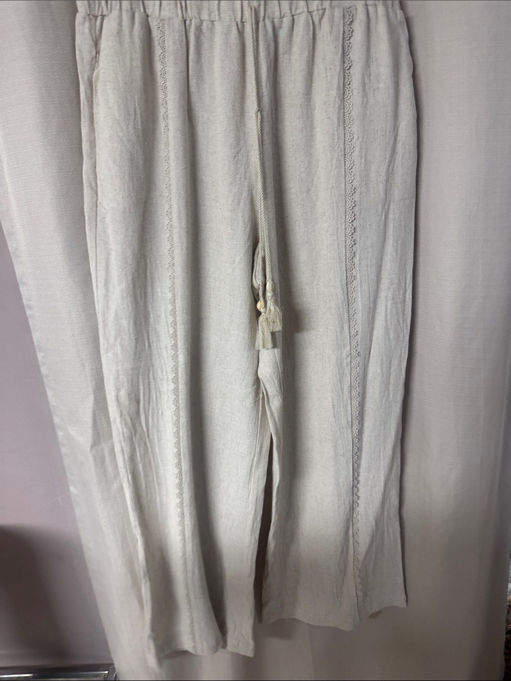 Light Beige Linen-Blend Drawstring Pants